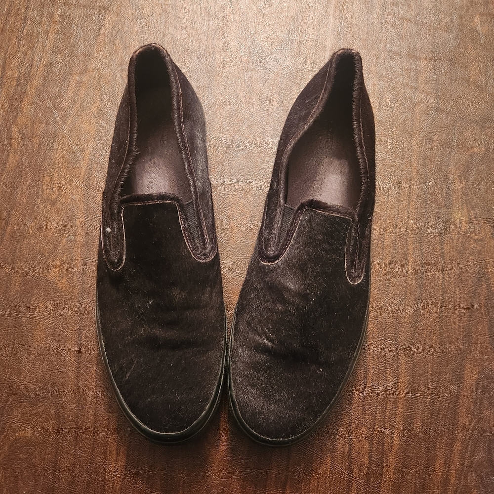 Sperry Black Cow Leather and Fur Slip-Ons Size 13